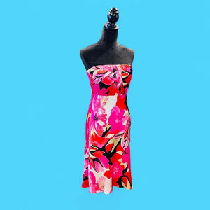 100% Silk Abstract Pink Floral Sheath Midi Strapless Banana Republic Mod Dress 6